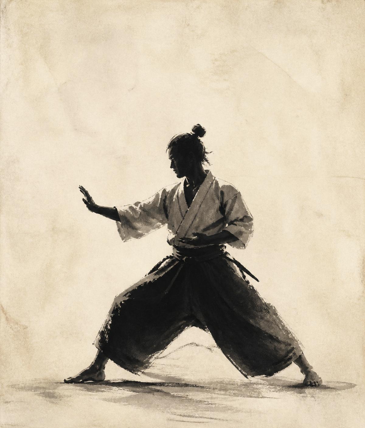 Ilustração em sumi-e de um praticante em posição de kamae